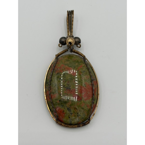 Handmade Jewelry - Handmade Wire Wrapped Unakite Jasper Pendant Oval Green Pink Earthy Artisan
